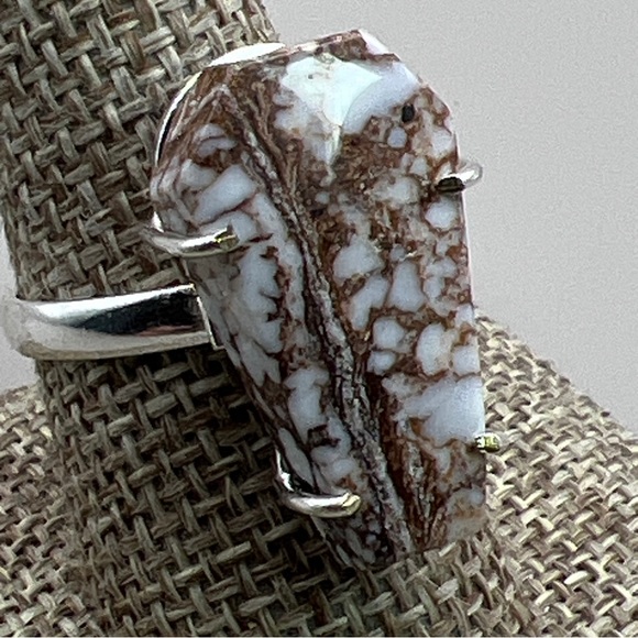 Wild Horse Jasper Stone Prong Set Coffin Cut Silver Overlay Ring Size 9.25 - Picture 4 of 9